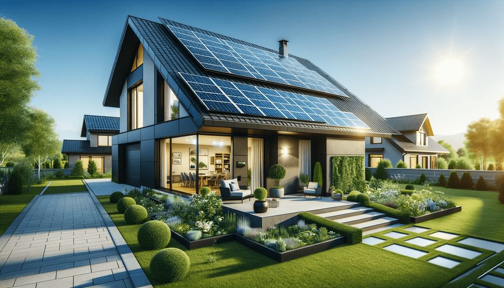 Visualisierung eines energieeffizienten Hauses mit Photovoltaik und gestalteter Außenanlage