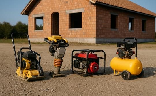 Rüttelplatte, Stampfer, Generator und Kompressor vor einem Rohbau